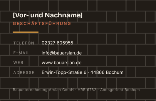 Rückseite der Visitenkarte: Kontaktdaten auf dunklem Grund mit Fugenraster